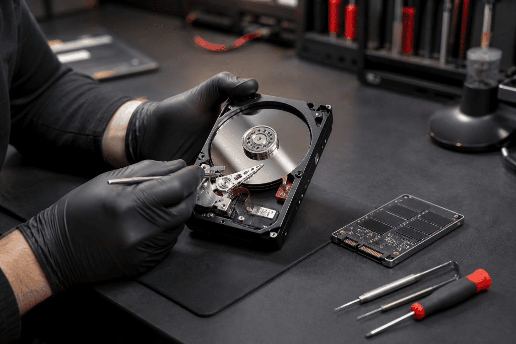 Data recovery service technician inspecting a hard drive and SSD